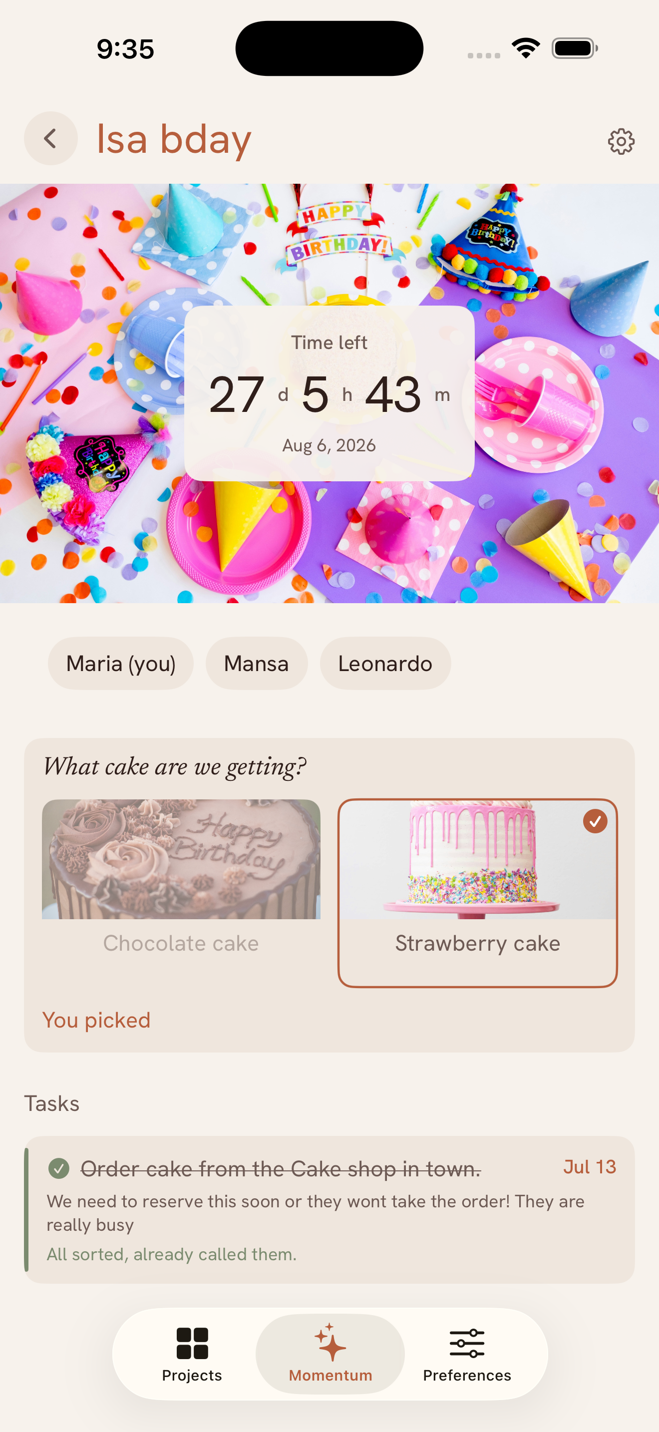 CoCria tasks screen