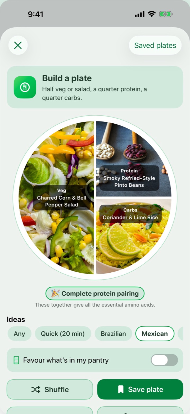 VeggieMate Plate Builder: a plate of half veg, a quarter protein and a quarter carbs from real recipes