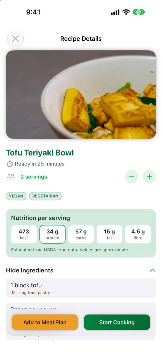 VeggieMate recipe page with nutrition per serving