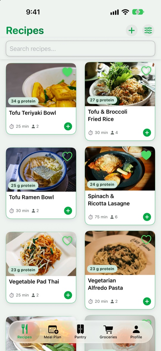 VeggieMate recipes with protein on every card