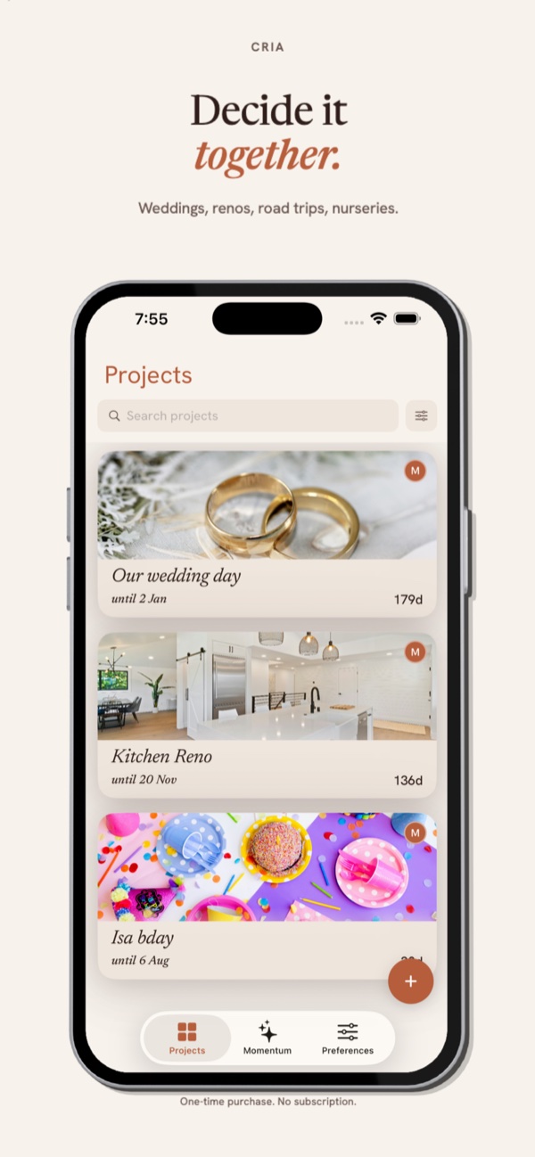CoCria screenshot: Decide it together — weddings, renos, road trips, nurseries
