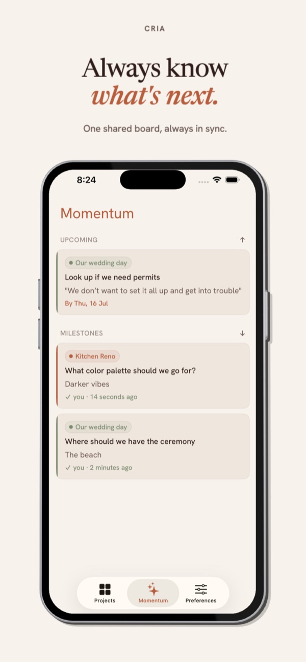 CoCria screenshot: Always know what's next — one shared board