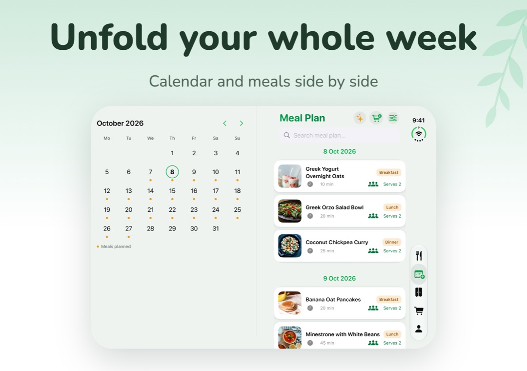 VeggieMate on iPhone Duo: unfold your whole week, calendar and meals side by side