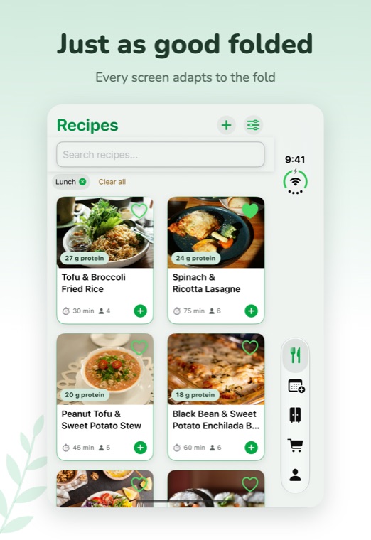 VeggieMate on iPhone Duo folded: recipes with the vertical tab bar