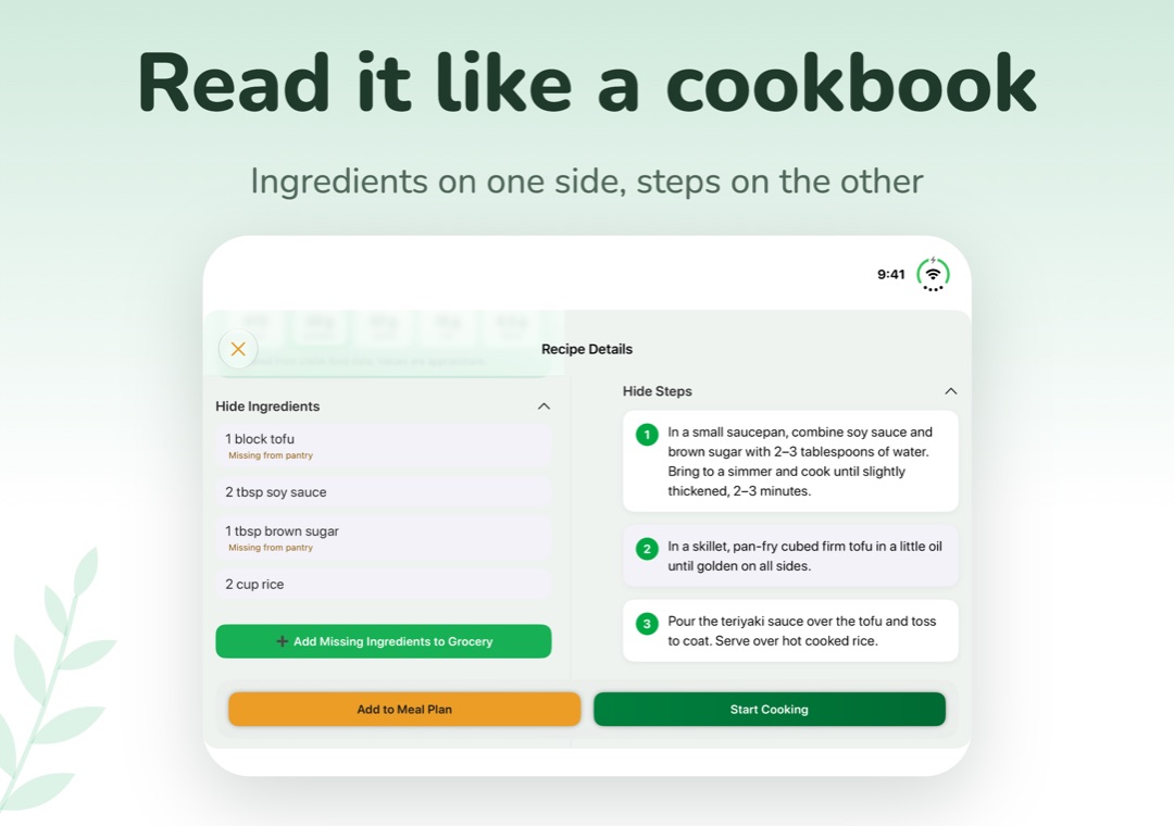 VeggieMate on iPhone Duo: recipe page like a cookbook, ingredients and steps side by side