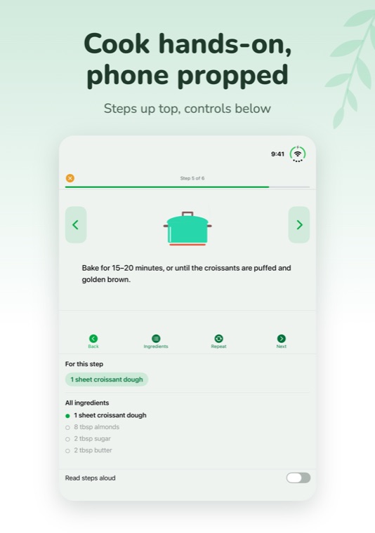 VeggieMate on iPhone Duo tabletop: Cooking Mode with steps up top and controls below