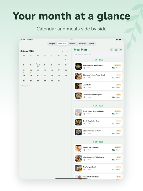 VeggieMate on iPad: your month at a glance, calendar and meals side by side