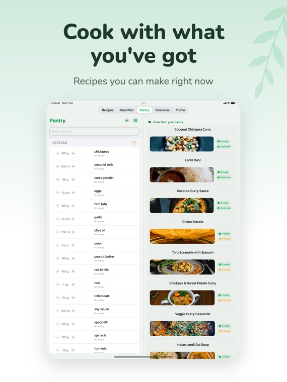 VeggieMate on iPad: cook with what you've got, Smart Pantry