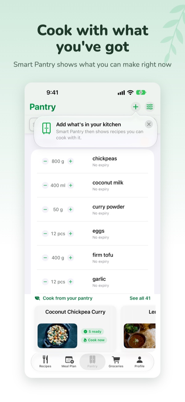 VeggieMate screenshot: Cook with what you've got: Smart Pantry shows what you can make now