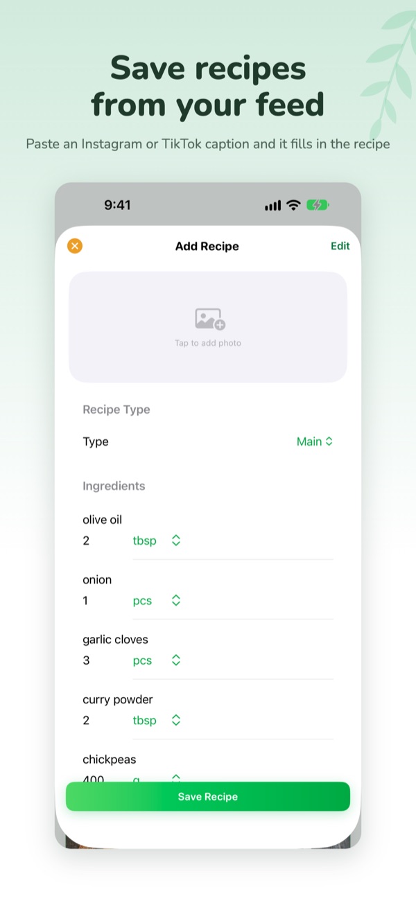VeggieMate screenshot: Save recipes from your feed: paste a caption and it fills in the recipe