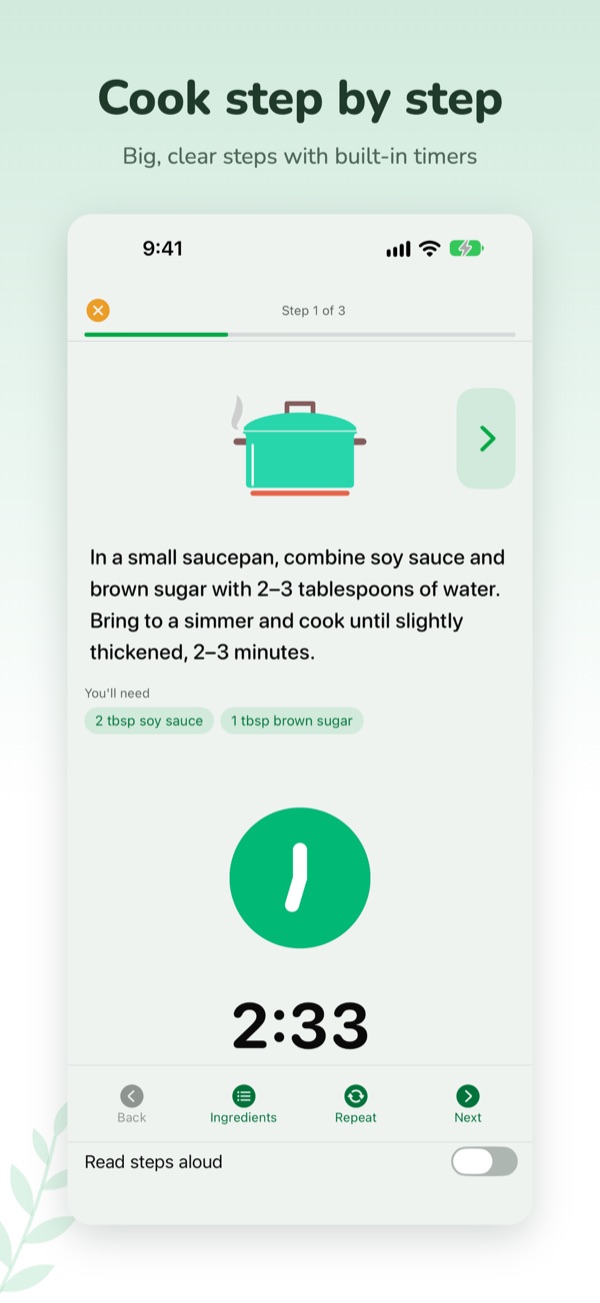 VeggieMate screenshot: Cook step by step with big, clear steps and built-in timers